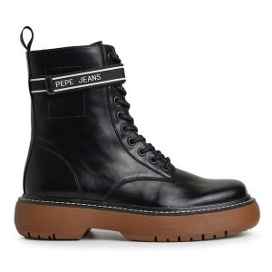Trzewiki Pepe Jeans. Czarne botki Pepe Jeans, bez wzorów, z jeansu, bez obcasa, na płaskiej podeszwie, bez zapięcia. Za 579,99 zł.