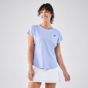 Koszulka tenisowa z okrągłym dekoltem damska Artengo Dry. Fioletowe bluzki KUIKMA, xl, bez wzorów, z elastanu, sportowe, bez kołnierzyka, bez ramiączek. Za 59,99 zł.