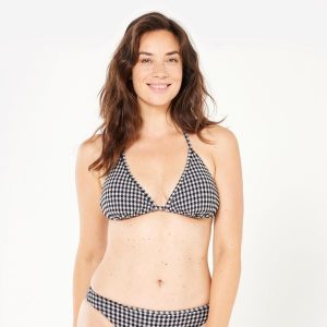 Góra kostiumu kąpielowego surfingowego damska Olaian Mae Vichy teksturowana. Czarne bikini OLAIAN, bez wzorów, z elastanu. Za 59,99 zł.