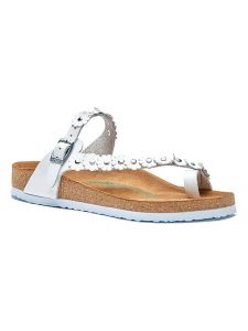 Comfortfusse Skórzane japonki w kolorze białym rozmiar: 39. Białe klapki Comfortfüße, bez wzorów, ze skóry, z otwartym noskiem, bez obcasa. Za 224,95 zł.