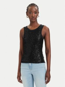 Guess Top W6GP26 K3157 Czarny Slim Fit. Czarne topy Guess, xs, z aplikacjami, z bawełny, bez kołnierzyka, bez ramiączek. Za 181,99 zł.