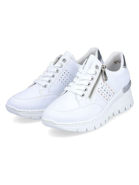 Rieker Sneakersy w kolorze biało-srebrnym na koturnie rozmiar: 40. Białe trampki Rieker, bez wzorów, bez zapięcia. Za 150,72 zł.