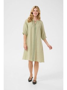 Cream Lniana sukienka w kolorze oliwkowym rozmiar: XS. Brązowe sukienki Cream, xs, bez wzorów, ze lnu, bez kołnierzyka, bez ramiączek, midi. Za 195,99 zł.