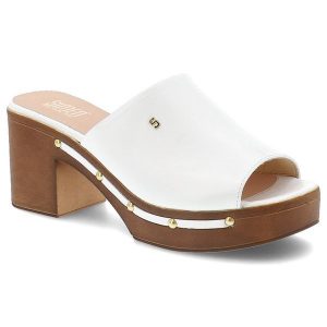 Klapki damskie Simen, ze skóry licowej na klocku z ozdobami eleganckie, białe, 6844A. Białe klapki Simen, bez wzorów, ze skóry, bez obcasa, na obcasie. Za 339,00 zł.