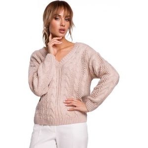 Lekki sweter damski ażurowy z dekoltem V splot w warkocz pudrowy róż. Czerwone swetry klasyczne Polskie swetry, l, z dzianiny, bez kołnierzyka. Za 245,00 zł.