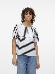Vero Moda Koszulka "Abby" w kolorze granatowo-kremowym rozmiar: S. Brązowe bluzki Vero Moda, s, bez wzorów, bez kołnierzyka, bez ramiączek. Za 43,88 zł.