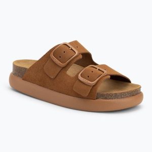 Klapki damskie Scholl Noelle Chunky Suede. Brązowe klapki Scholl, bez wzorów, z materiału, bez obcasa. Za 279,99 zł.