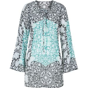 Tunika plażowa. Niebieskie tuniki bonprix, na plażę, bez wzorów, z materiału, eleganckie, bez kołnierzyka, bez ramiączek. Za 89,99 zł.