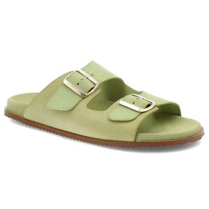 Klapki damskie HEE, na platformie skórzane z klamrami klasyczne, gruszowe, 25050. Zielone klapki Hee, bez wzorów, z zamszu, bez obcasa, na platformie. Za 249,00 zł.