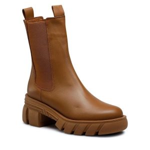 Botki Badura. Brązowe botki Badura, bez wzorów, bez obcasa, na słupku, bez zapięcia. Za 208,99 zł.