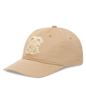 Czapka z daszkiem Guess. Brązowe czapki Guess, z aplikacjami. Za 129,99 zł.
