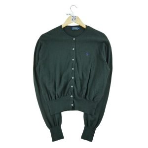 Second life - Damska czarna kamizelka kardiganowa - Jak nowy. Czarne kamizelki Ralph Lauren, bez wzorów, bez kołnierzyka, bez ramiączek, bez kaptura. Za 212,96 zł.