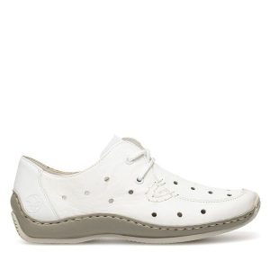 Półbuty Rieker. Białe półbuty Rieker, bez wzorów, bez obcasa, na płaskiej podeszwie, bez zapięcia. Za 299,99 zł.