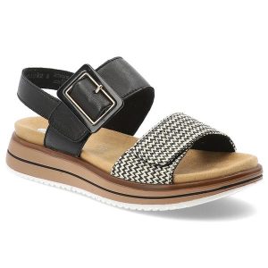 Czarne Sandały Remonte Eleganckie Obuwie Damskie. Czarne sandały Remonte, bez wzorów, bez obcasa, na platformie, bez zapięcia. Za 379,00 zł.
