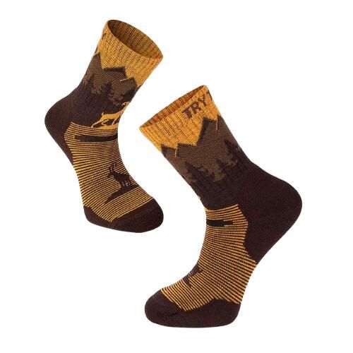 Skarpety trekkingowe z wełny merynosowej z żółtym alpejskim koziorożcem. Żółte skarpetki TRY TO FLY, bez wzorów, z wełny. W wyprzedaży za 83,39 zł.