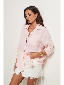 Le Monde du Lin Lniana koszula w kolorze jasnoróżowym rozmiar: 36/38. Różowe koszule Le Monde du Lin, bez wzorów, ze lnu, bez kołnierzyka, bez ramiączek. Za 130,99 zł.