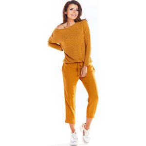 Kamelowy Dzianinowy Sweter w Łódkę o Kroju Oversize. Brązowe swetry klasyczne Awama, l, z dzianiny, bez kołnierzyka. Za 169,90 zł.