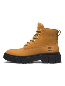 Timberland Skórzane botki "Greyfield Mid" w kolorze jasnobrązowym rozmiar: 39. Brązowe botki Timberland, bez wzorów, bez obcasa, bez zapięcia. Za 549,06 zł.