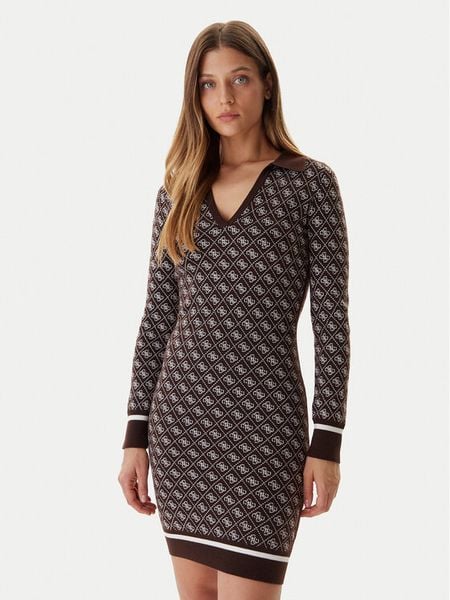 Guess Sukienka dzianinowa W5BK25 Z3JD2 Brązowy Slim Fit. Brązowe kombinezony Guess, xs, z aplikacjami, z dzianiny, bez kołnierzyka, bez ramiączek. Za 269,99 zł.