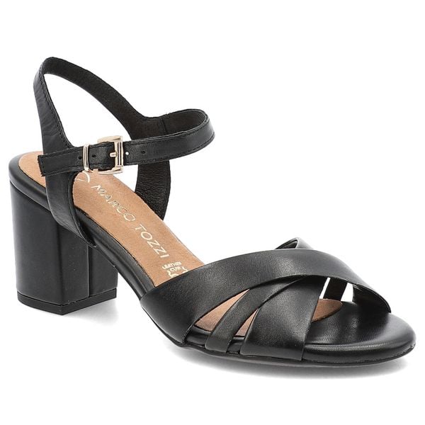 Sandały damskie Marco Tozzi, eleganckie skórzane na słupku ze sprzączką, czarne, 2-28327-44-001. Czarne sandały Marco Tozzi, bez wzorów, ze splotem, bez obcasa, na obcasie, bez zapięcia. Za 199,00 zł.