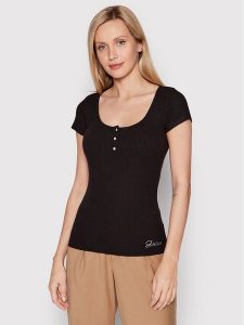 Guess Bluzka W2YP24 KBCO2 Czarny Slim Fit. Czarne bluzki Guess, xs, z aplikacjami, z wiskozy, bez kołnierzyka, bez ramiączek. Za 132,00 zł.