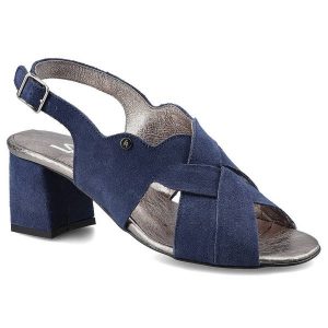 Sandaly damskie Lamanti, naturalna skóra zamszowa z krzyżującymi się paskami regulowanym zapięciem na sprzączkę oraz obcasem o średniej wysokości, gr. Niebieskie sandały Lamanti, bez wzorów, ze skóry, bez obcasa, na obcasie, bez zapięcia. Za 199,00 zł.
