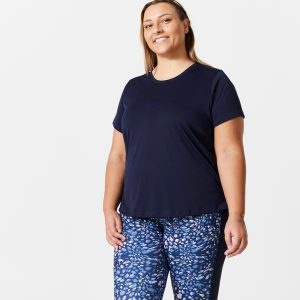 Koszulka fitness damska Domyos Plus Size krótki rękaw. Czarne bluzki DOMYOS, l, bez wzorów, z elastanu, sportowe, bez kołnierzyka, plus size, bez ramiączek. Za 39,99 zł.