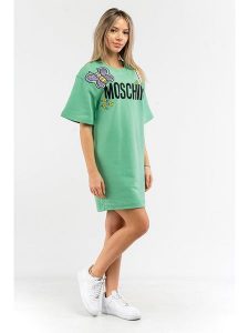 Moschino Sukienka w kolorze zielonym rozmiar: 40. Zielone sukienki MOSCHINO, bez wzorów, z bawełny, bez kołnierzyka, bez ramiączek, mini. Za 638,42 zł.