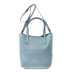 Niebieska Stylowa Damska Torebka Hispanitas. Niebieskie shopper bag Hispanitas, bez wzorów, z materiału, na ramię, z tłoczeniem, bez dodatków. Za 449,00 zł.