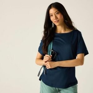 Damska koszulka z krótkim rękawem i logo Botanna, szybkoschnąca. Niebieskie koszulki sportowe Regatta, bez wzorów, z poliesteru, bez ramiączek. Za 139,50 zł.