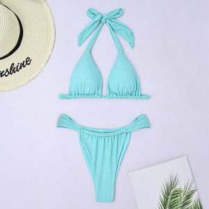 Bikini wiązane z regulowanymi ramiączkami na plażę i basen Deena. Niebieskie bikini Intica, bez wzorów. Za 149,00 zł.
