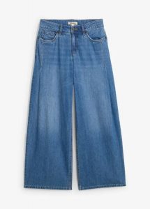 Dżinsy wide leg, mid waist. Niebieskie jeansy bonprix, bez wzorów, z denimu, długie. Za 147,99 zł.