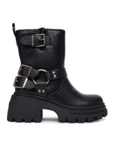 Buffalo Botki Bravr Biker Lo 1220067 Czarny. Czarne botki Buffalo, bez wzorów, ze skóry, bez obcasa, na słupku, bez zapięcia. Za 319,99 zł.
