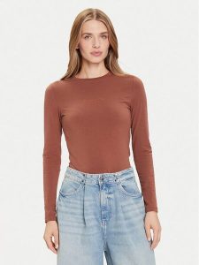 Guess Jeans Bluzka W4YI22 J1314 Brązowy Slim Fit. Brązowe bluzki Guess Jeans, xl, z aplikacjami, z bawełny, bez kołnierzyka, bez ramiączek. Za 149,99 zł.