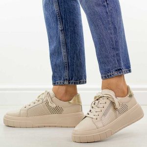 Beżowe skórzane półbuty damskie Jezzi 9778. Brązowe półbuty Jezzi, na jesień, bez wzorów, z jeansu, z okrągłym noskiem, bez obcasa, na platformie, bez zapięcia. Za 229,00 zł.