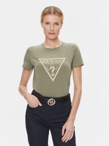Guess T-Shirt W4RI69 J1314 Zielony Regular Fit. Zielone t-shirty Guess, xs, z aplikacjami, z bawełny, bez kołnierzyka, bez ramiączek. Za 119,99 zł.
