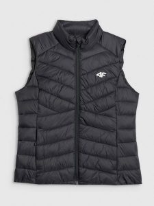 4F Bezrękawnik z wypełnieniem syntetycznym damski - czarny M. Czarne kamizelki 4f, m, bez wzorów, z materiału, bez kołnierzyka, bez ramiączek, z kapturem. Za 199,99 zł.