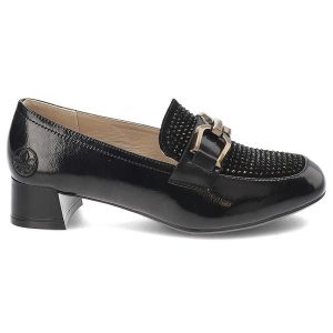 Czarne Półbuty Rieker Eleganckie Obuwie Damskie Na Obcasie. Czarne półbuty Rieker, z aplikacjami, z lakierowanej skóry, bez obcasa, na obcasie, bez zapięcia. Za 379,00 zł.