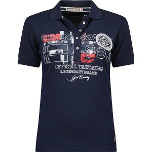 Geographical Norway Koszulka polo "Kerry" w kolorze granatowym rozmiar: L. Niebieskie bluzki Geographical Norway, l, z aplikacjami, z bawełny, bez kołnierzyka, bez ramiączek. Za 70,24 zł.