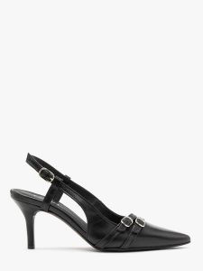 Czółenka slingback z dekoracyjnymi paskami OFELIA. Czarne czółenka Ryłko, bez wzorów, z gumy, bez obcasa, na szpilce, bez zapięcia. Za 429,99 zł.