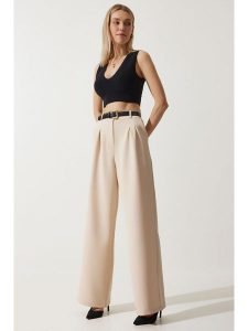Happiness Istanbul Spodnie w kolorze kremowym rozmiar: 38. Brązowe spodnie z wysokim stanem Happiness Istanbul, bez wzorów, z materiału, z podwyższonym stanem. Za 82,64 zł.