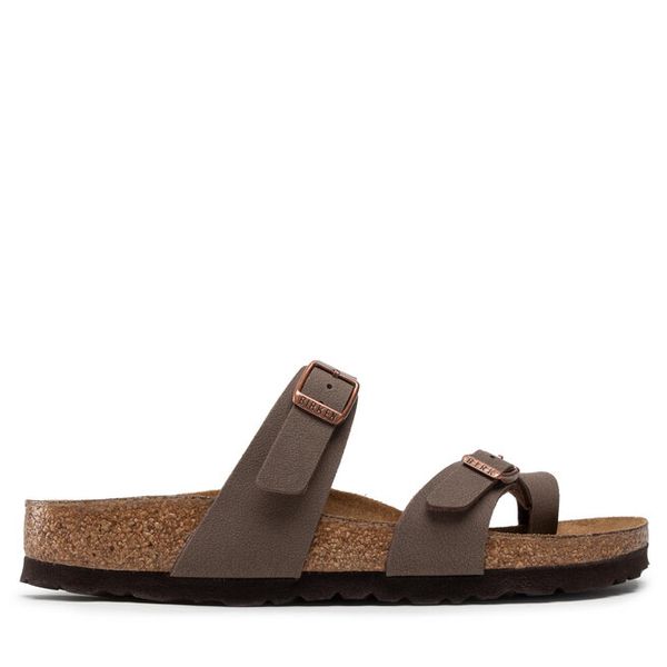 Japonki Birkenstock. Brązowe klapki Birkenstock, bez wzorów, bez obcasa. Za 349,99 zł.