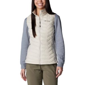 Kamizelka turystyczna damska Columbia Powder Pass Vest. Białe kamizelki Columbia, s, bez wzorów, z nylonu, bez kołnierzyka, bez ramiączek, bez kaptura. Za 279,99 zł.