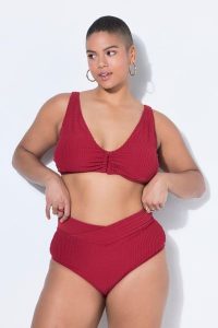 Damskie Figi bikini wysoki stan paski frotte pasek w kopertowym stylu. Czerwone figi Ulla Popken, bez wzorów, z elastanu. Za 100,99 zł.