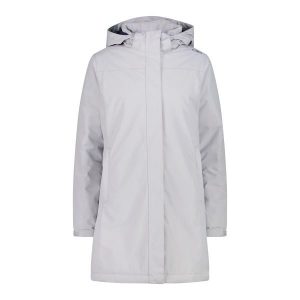 Kurtka puchowa damska z kapturem i zamkiem CMP. Białe kurtki CMP, bez wzorów, z puchu, z kapturem. W wyprzedaży za 469,50 zł.