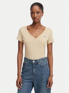 Tommy Jeans T-Shirt DW0DW20458 Beżowy Slim Fit. Brązowe t-shirty Tommy Jeans, l, bez wzorów, z bawełny, bez kołnierzyka, bez ramiączek. Za 129,99 zł.