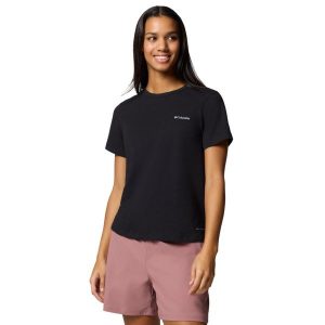 T-shirt sportowy z krótkim rękawem damski Sun Trek W SS II Tee. Czarne koszulki sportowe Columbia, bez wzorów, z bawełny, bez ramiączek. Za 99,99 zł.