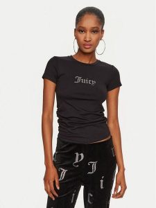 Juicy Couture T-Shirt Dot Ruched JCWCT24311 Czarny Slim Fit. Czarne t-shirty Juicy Couture, xxs, bez wzorów, bez kołnierzyka, bez ramiączek. Za 139,99 zł.