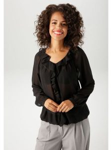 Aniston Bluzka w kolorze czarnym rozmiar: 48. Czarne bluzki Aniston, bez wzorów, bez kołnierzyka, bez ramiączek. Za 69,58 zł.