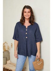 Curvy Lady Lniana bluzka w kolorze granatowym rozmiar: 44/46. Niebieskie bluzki Curvy Lady, bez wzorów, ze lnu, klasyczne, bez kołnierzyka, bez ramiączek. Za 140,53 zł.